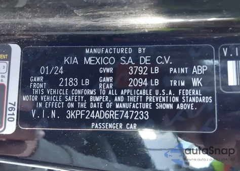 2024 Kia Forte Lxs z USA, uszkodzony, nr VIN 3KPF24AD6RE747233